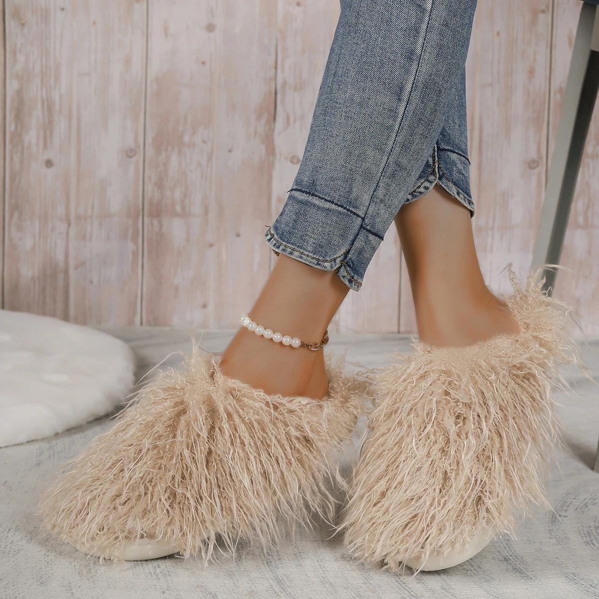 

Модная женская обувь Новая весна-осень Мода Косплей Роскошные пушистые из искусственного меха Плоские слипоны Базовые повседневные Однотонные С круглым носком Тапочки 43 хаки