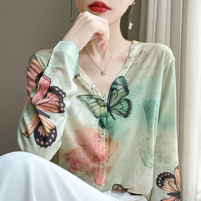 

Женский тонкий кардиган весна-лето шелковый принт трикотажный кардиган куртка длинный рукав свободный солнцезащитный трикотажный топ M