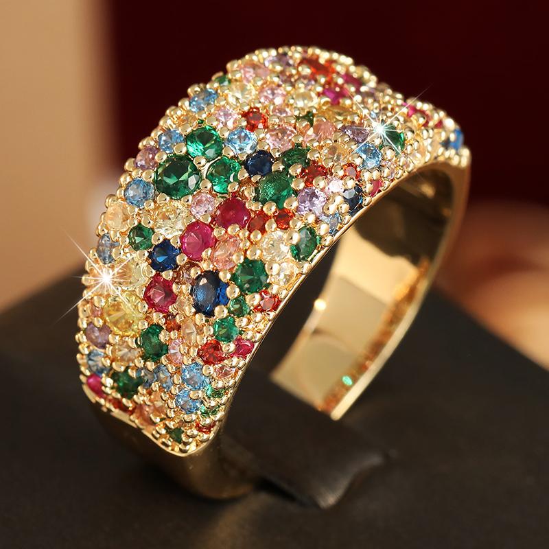 Luxury Inlaid Multicolored CZ Women's Ring Aesthetic Gold Color Geometry Daily Wear Party Jewelry Anniversary Gift