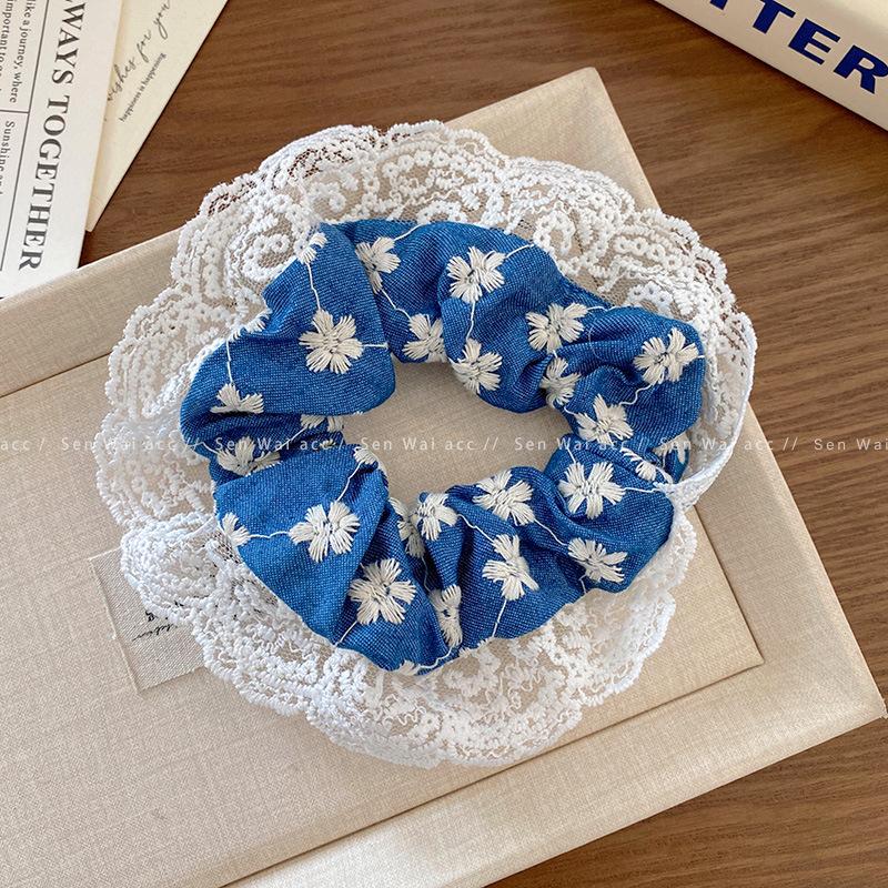 

Summer denim blue lace large intestine hair band female Korean floral fabric headrope high-end head jewelry