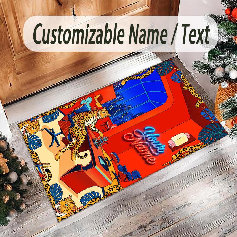 Leopard Theme Crystal Velvet Floor Rug Personalized Custom Name Text Warm Carpet Home Decoration