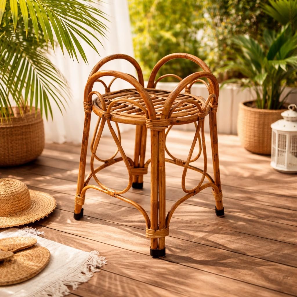 Eco Decx Handcrafted Rattan Plant Stand, Natural Bamboo Flower Pot Holder for Indoor Plants & Living Room Decor, 32 x 32 x 54 cm