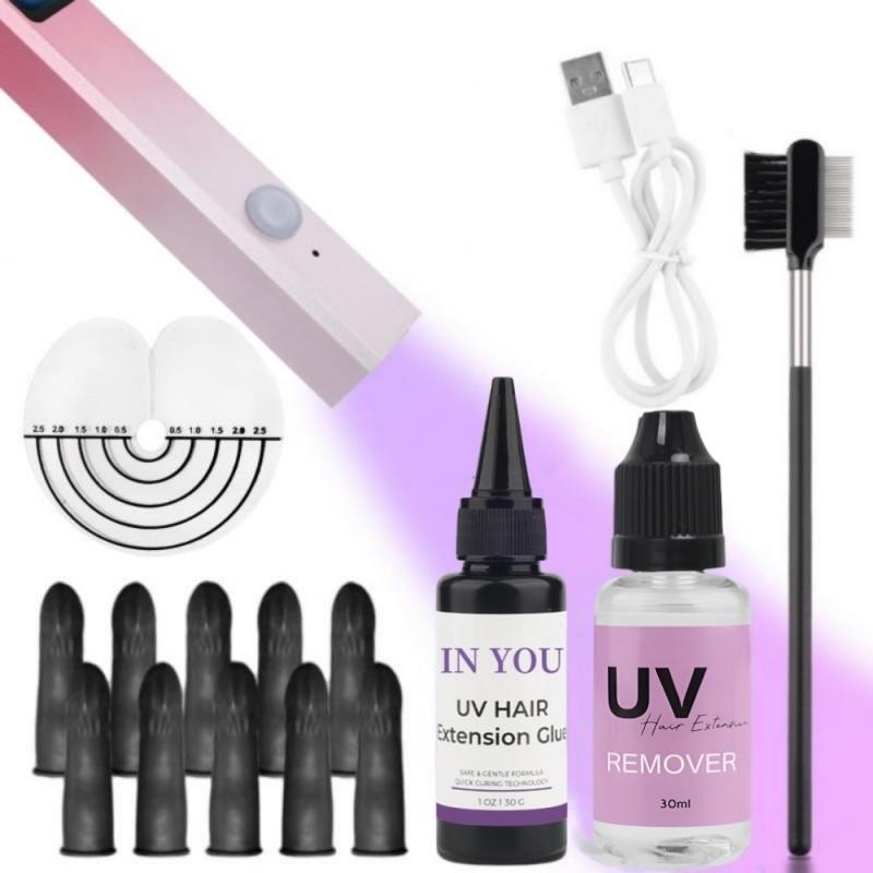 

Набор для волос Salon Pro UV: УФ-лампа + 30 г клея и средство для снятия расчески, 10-секундная быстрая полимеризация, долговечность, салонное и домашнее использование A set