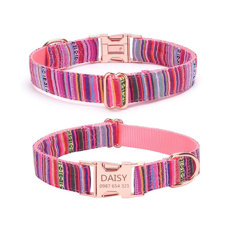 Bohemian gestreifter Hundehalsband, individuell graviert, mit Roségold-Schnalle, personalisiertes Nylonhalsband für kleine und große Hunde, tägliches Gassi gehen