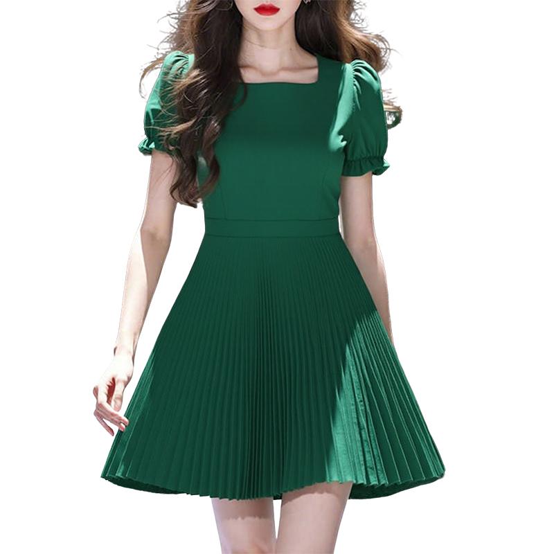 

ZANZEA Women Summer Square Collar Short Sleeve Pleated Dress 4XL темно-зелений колір