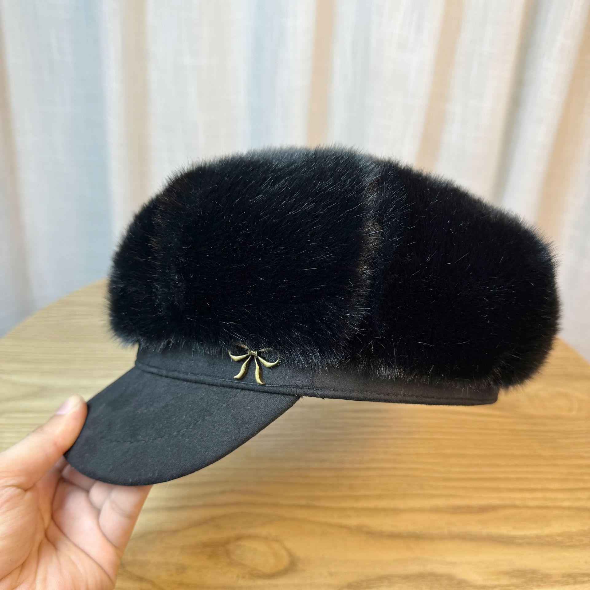 

Plush Women s Leather Brim Shows The Face Small Autumn and Winter Warm Beret Imitation Mink Newsboy Hat Octagonal Hat Tide one size чорний