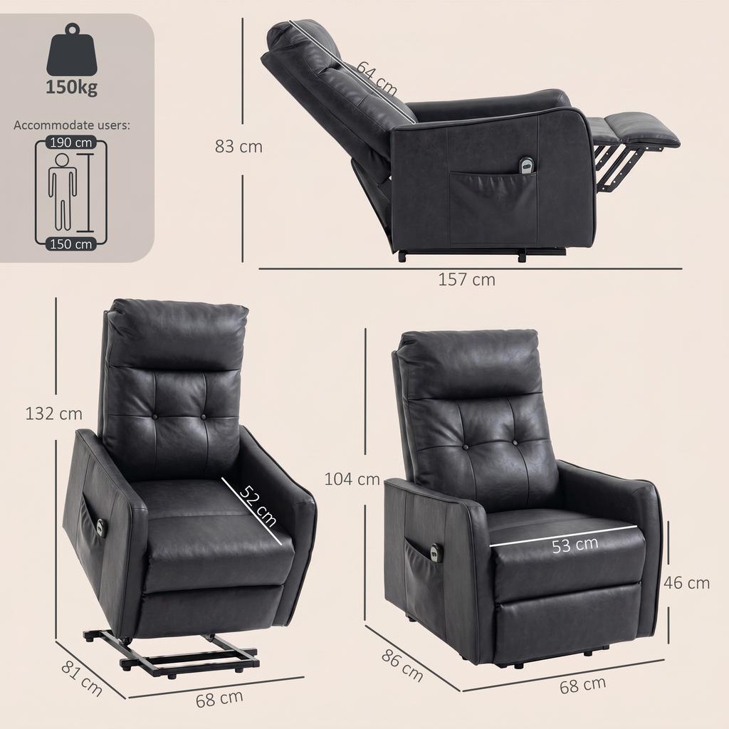 Electric Reclining Lift Chair In PU Leather With Remote Control Spring Seat Footrest Gray
