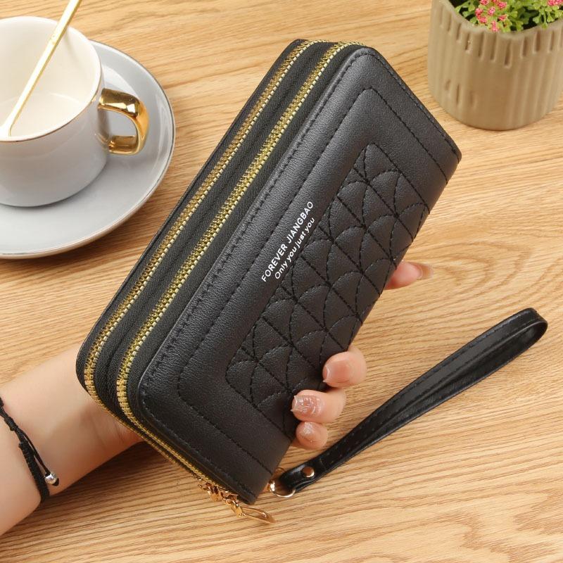 Damen Geldbörse lang Doppelreißverschluss Clutch bestickt Mode große Kapazität weiches Leder Clip Handy Tasche