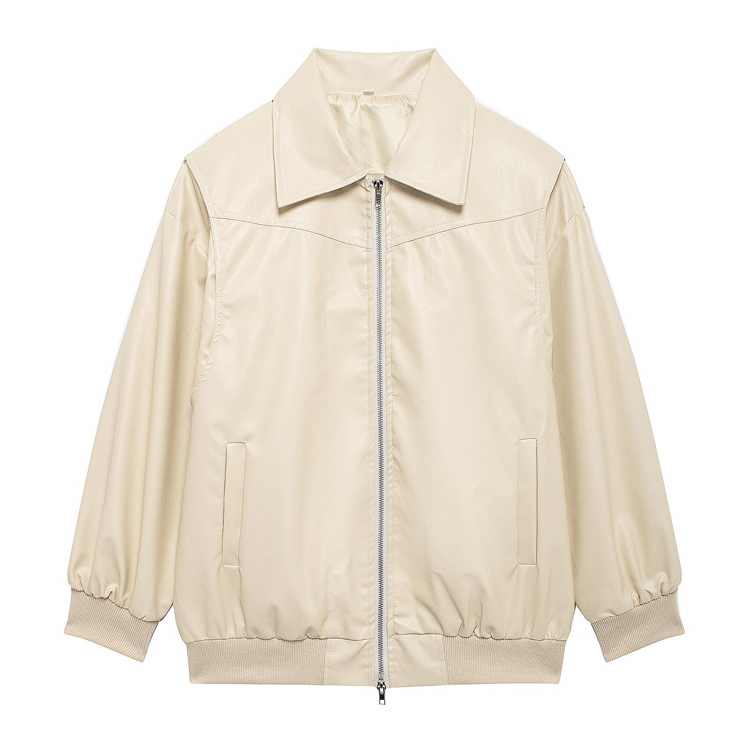 

Новая кожаная свободная куртка женская осень-зима на молнии с длинным рукавом бейсбольные пальто XL бежевый