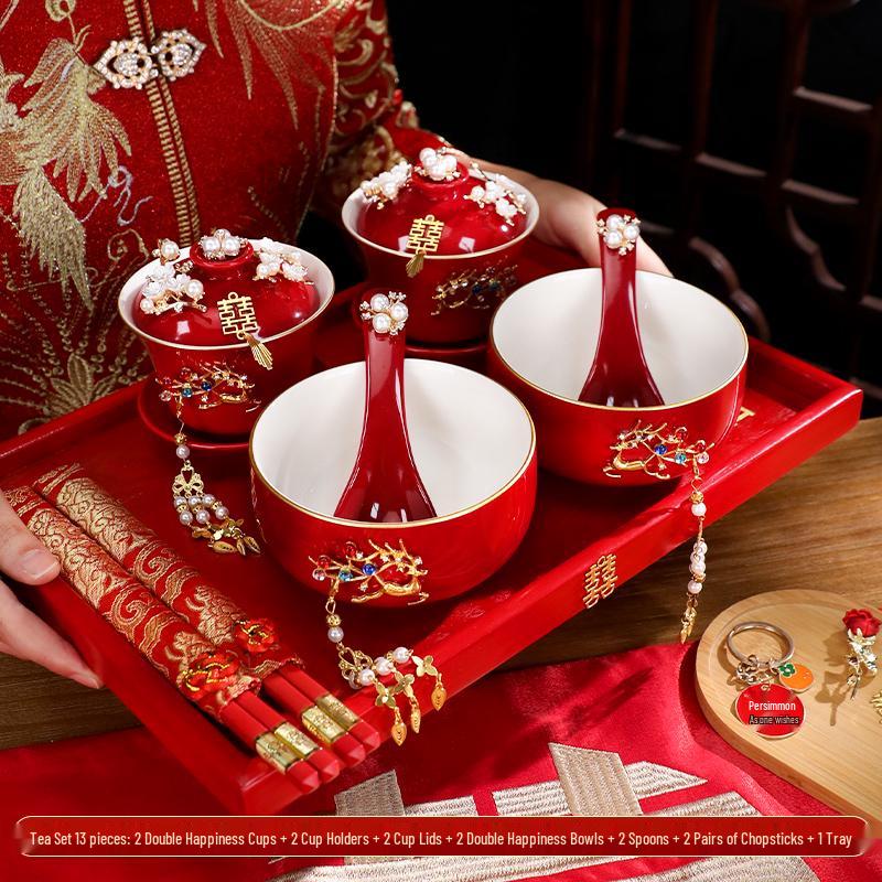 Wedding Tea Set: Red Bowls, Cups, and Chopsticks for Bride's Dowry