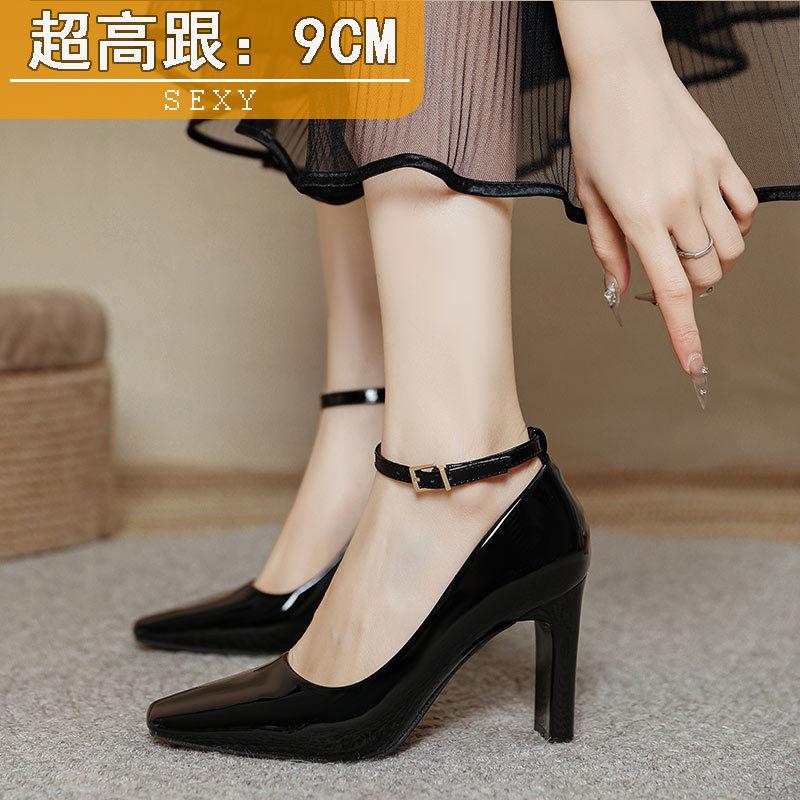 

Black high heels thick heel temperament OL dress professional women s shoes new sexy one-word buckle with square head high heel single shoes 40