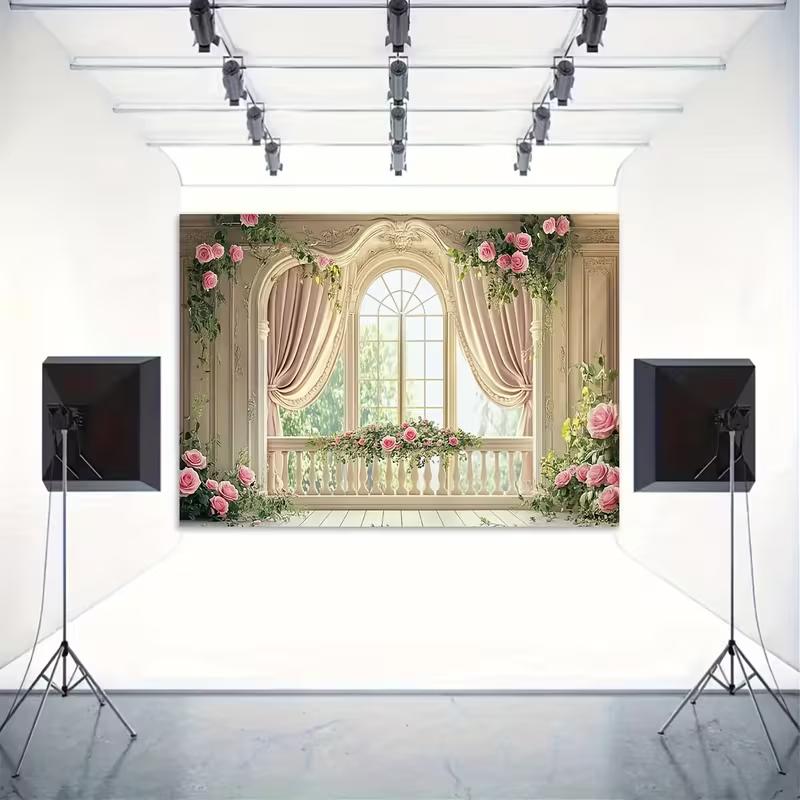 2D Romantic Balcony Backdrop Ornate European Window with Pink Roses Photography Background