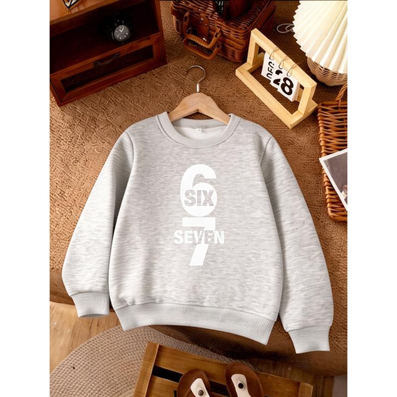 Unisex Kids Black Crewneck Sweatshirt For 4-12 Boys Girls Minimalist Vertical Stacked SIX SEVEN Number 67 White Text Print Fleece Long Sleeve Pullover