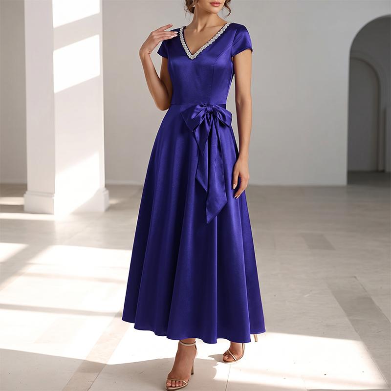 ZANZEA Women Elegant V-Neck Casual Short Sleeve Satin Long Dress S тёмно-синий
