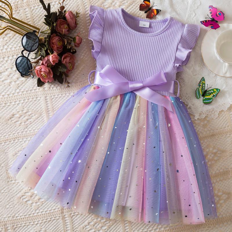 Girl Summer Princess Dress With Glitter Tulle Fabric For Toddler Birthday Party
