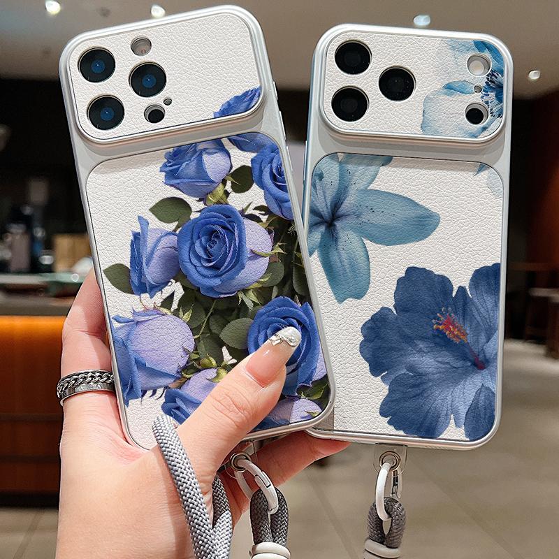 Colorful Flowers Print Leather Lanyard Case For iPhone 18 Pro Max Hybrid TPU+PU Anti-skid Soft Cover For iPhone 17 16 15 14 13 Pro Max