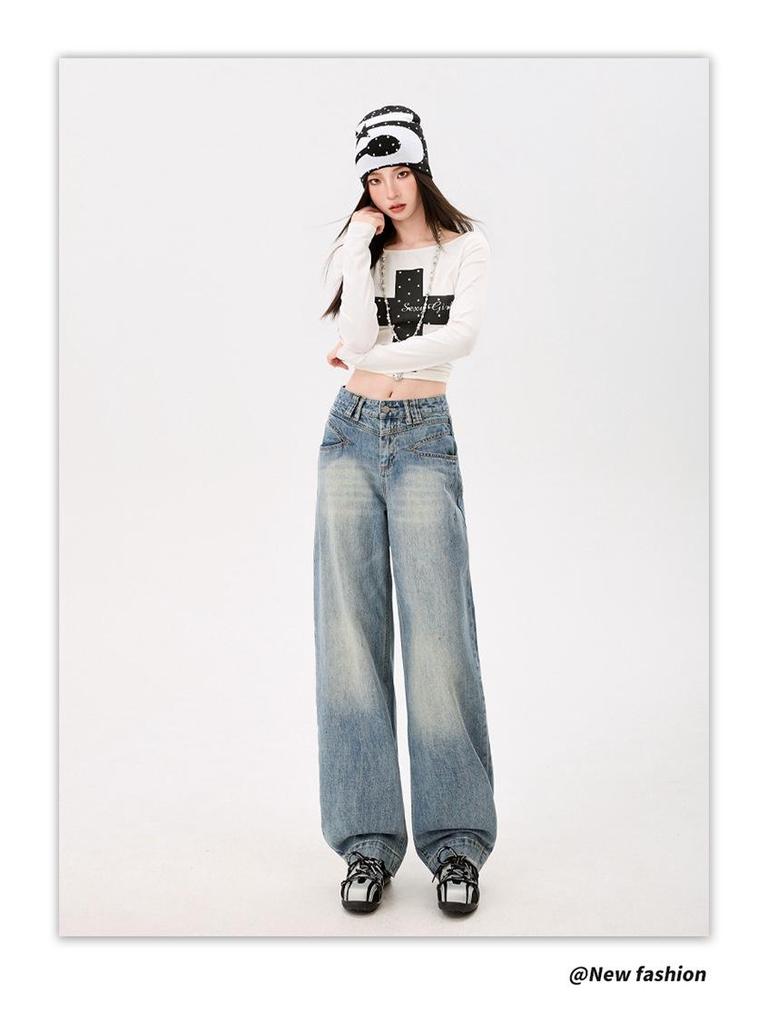 Spring 2026 Women's High-Waisted Retro Wide-Leg Jeans - Slimming, Floor-Length Design