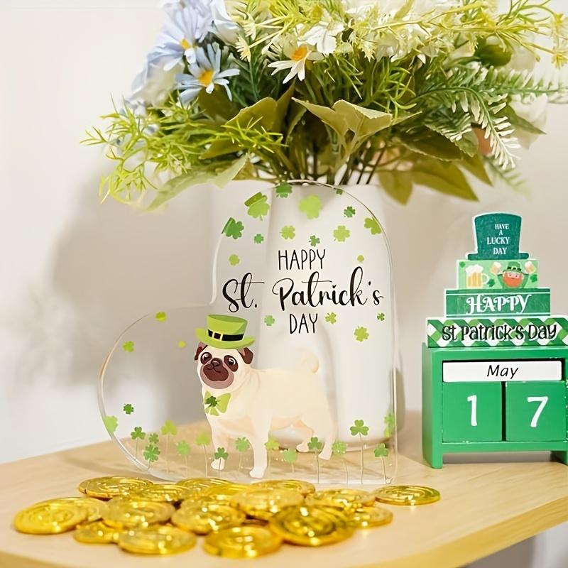 Happy St. Patrick'S Day Acrylic Heart Plaque with Leprechaun Dog & Clover Design - Perfect for Home, Office, or Desk Decor | Ideal Gift for Dog Lovers
