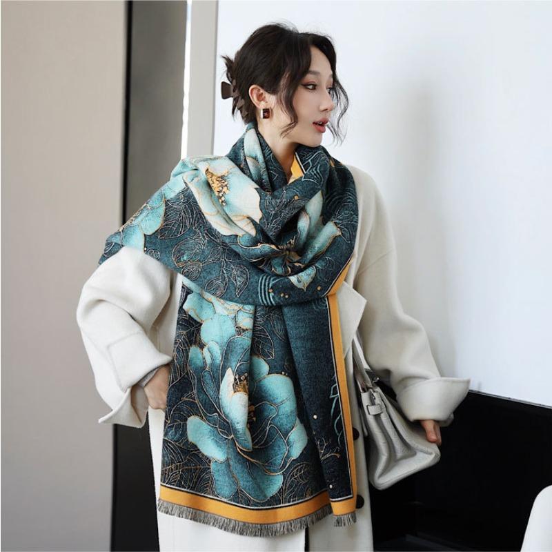 Guochao autumn and winter oil painting peony high-end imitation cashmere shawl literary fashion thickened warm decorative scarf scarf scarf
