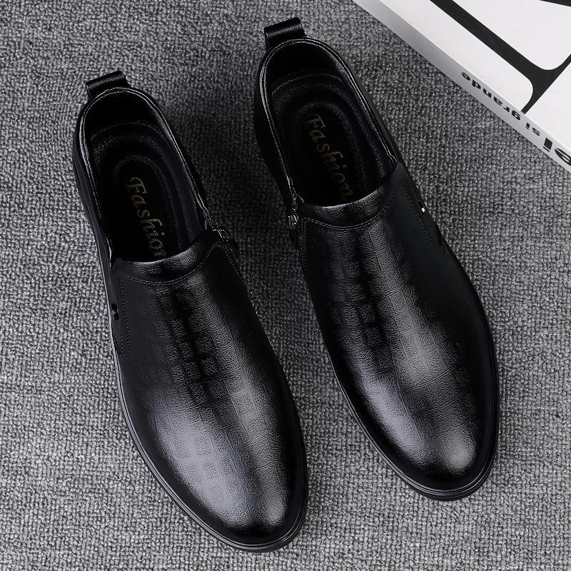 Men's Black High-Top Velvet-Lined Leather Work Boots - Slip-On Dad Shoes for Autumn/Winter