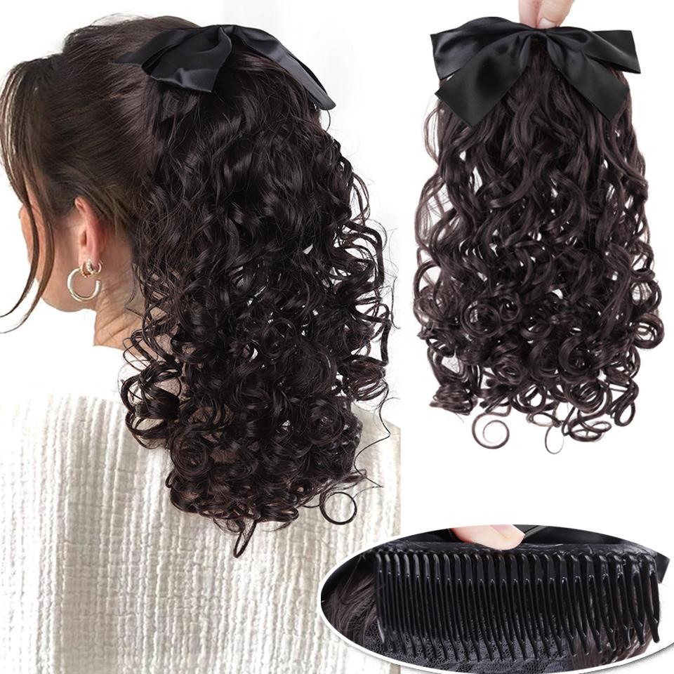 Retro Bow Comb Style Synthetic Wavy Curly Ponytail Wig Is Suitable for Novice Women To Wear At Daily Holiday Parties and Dances