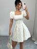 European & American Women's Elegant Slim Fit Jacquard Puff Sleeve Square Neck Summer Dress