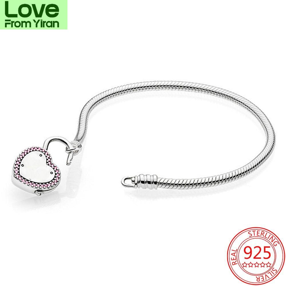 925 Sterling Silver Forever Love Vows Pink Heart -Shaped Lock Bracelet Wedding Anniversary Gift