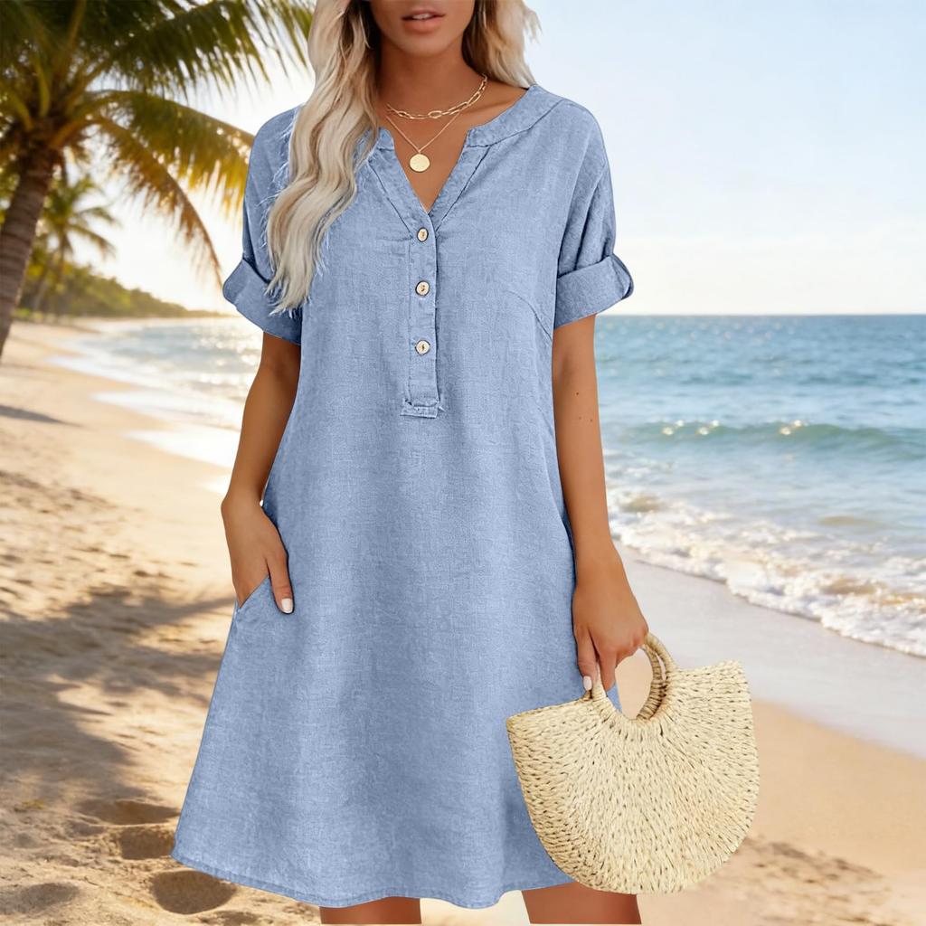 Womens V Neck Button Down Short Sleeve Loose Fit Linen Tunic Dress with Pockets Casual Summer Dress