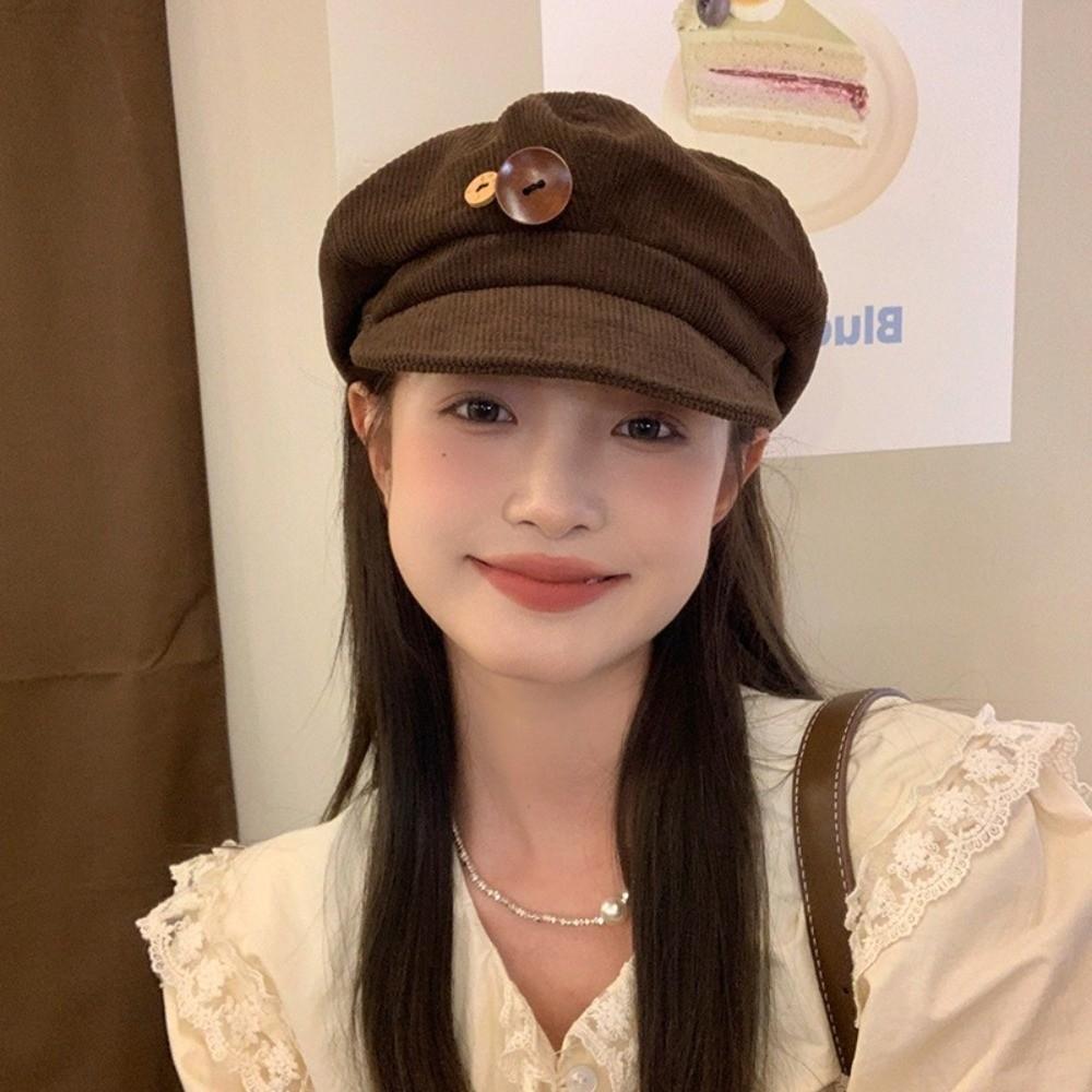 Y2k Double Button Berets Hat Japanese Painter Hat Retro Corduroy Baseball Cap  Winter