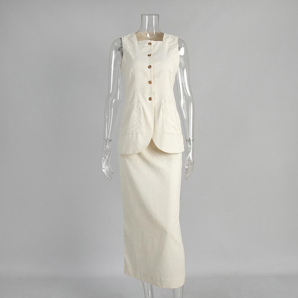 Frühling Sommer Neues Damen Leinen Freizeit Set Einfache Ärmellose Weste + High Waist Rock Zweiteiliges Outfit Europäischer Amerikanischer Stil