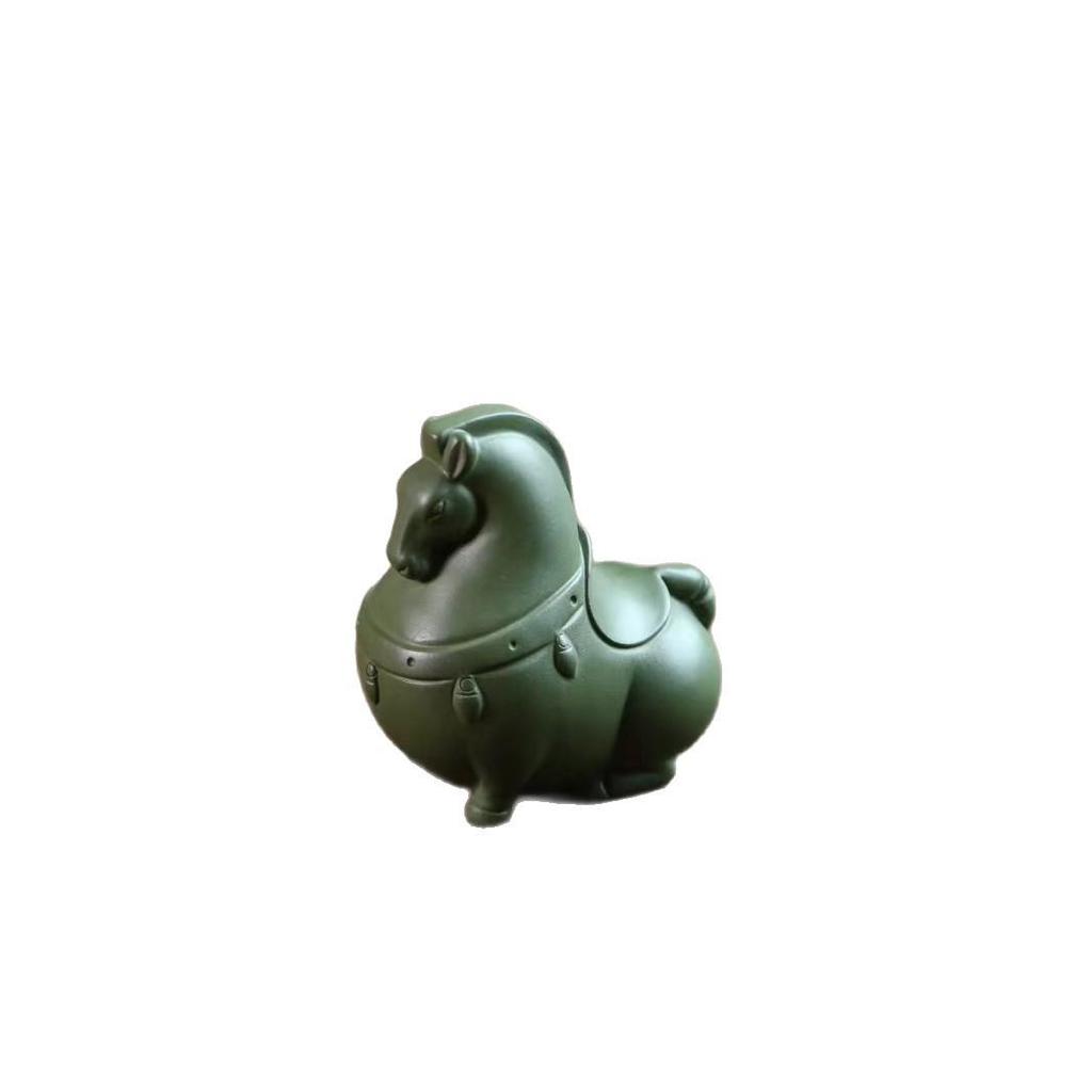 Yixing Zisha Green Horse Tea Pet Ornament for Wealth and Success
