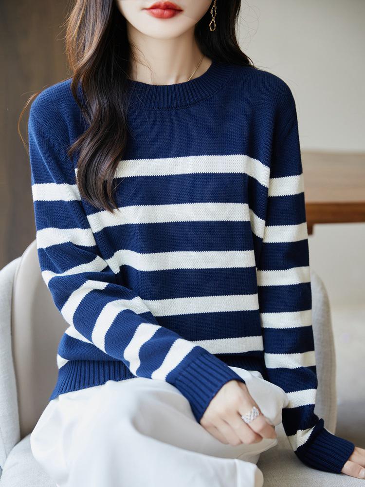Autumn/Winter 2025 Women's Round Neck Striped Sweater - 100% Thickened Cotton Yarn Knit