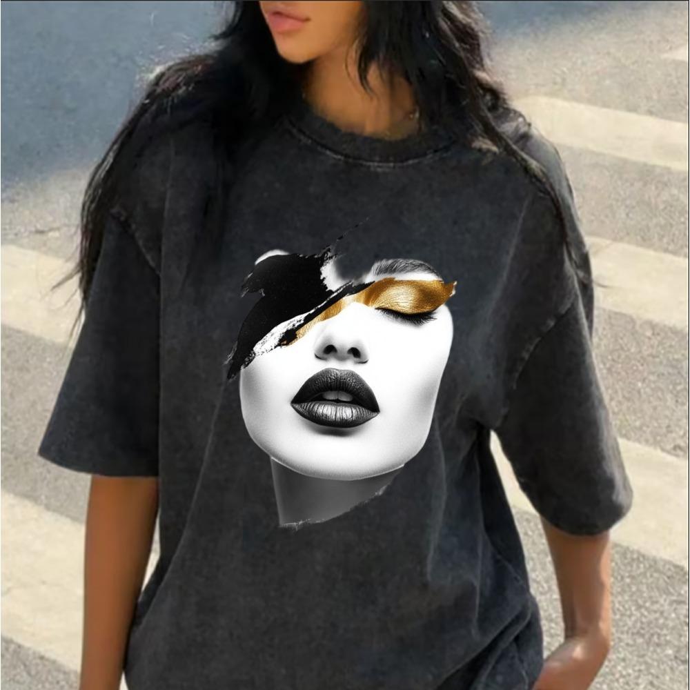 Abstrakt Färgstark Ansiktskonst Överdimensionerad T-shirt Tvättad Bomull Avslappnad T-shirt Livfull Ansiktsgrafik Topp för Kvinnor
