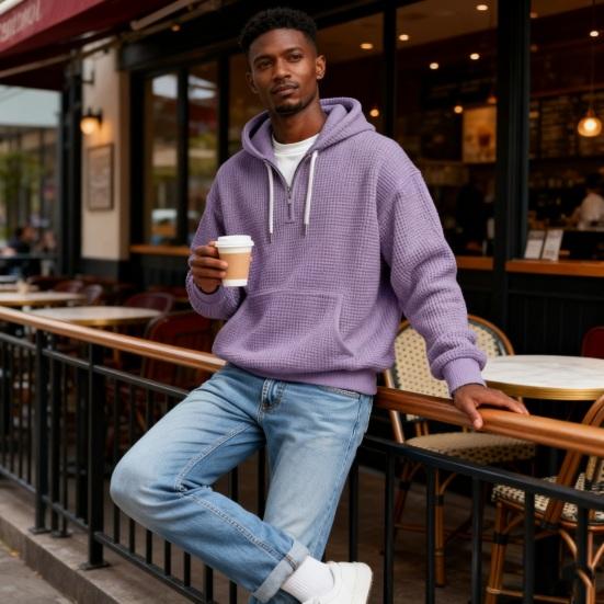 Men Quarter Zip Hoodie Waffle Hooded Sweatshirt Loose Fit Casual Pullover with Drawstring Pocket for School Gym Streetwear