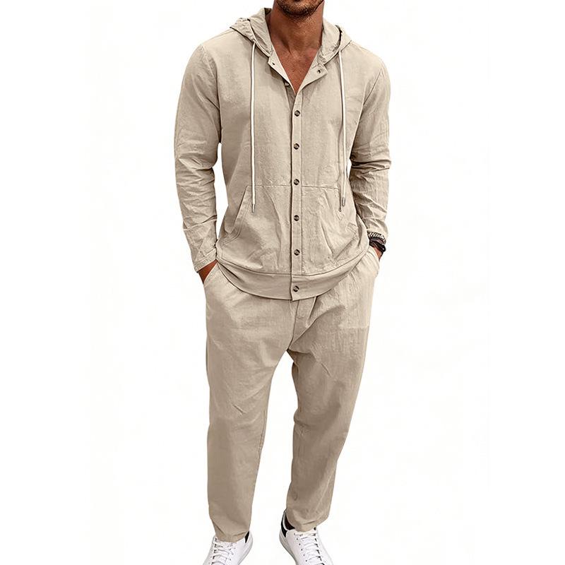 Men's Hooded Linen Shirt and Pants Set - European Casual Style