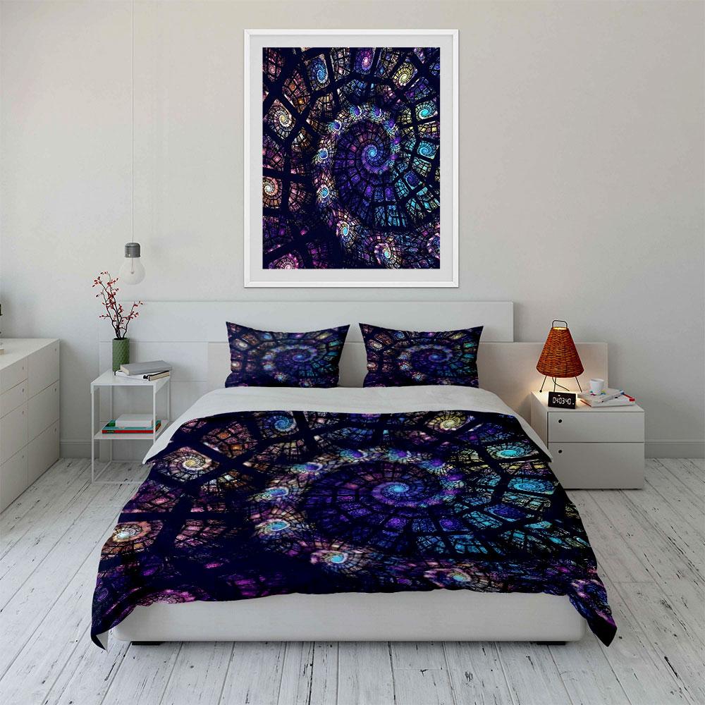 3Pcs Stained Glass Bedding Set, Purple And Blue Spiral Galaxy Print Duvet Cover + 2 Pillowcases, Large-Sized Home Decor, Gifts
