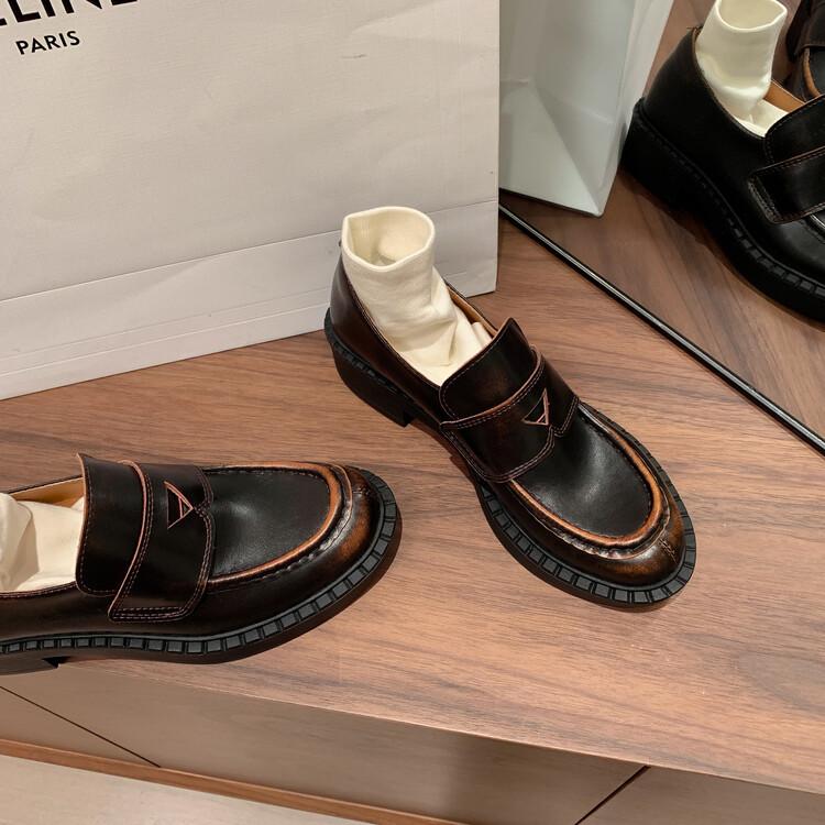 

British style small leather shoes women s spring 2025 deep mouth round head single shoes platform thick heel one pedal women s shoes 39 коричневый