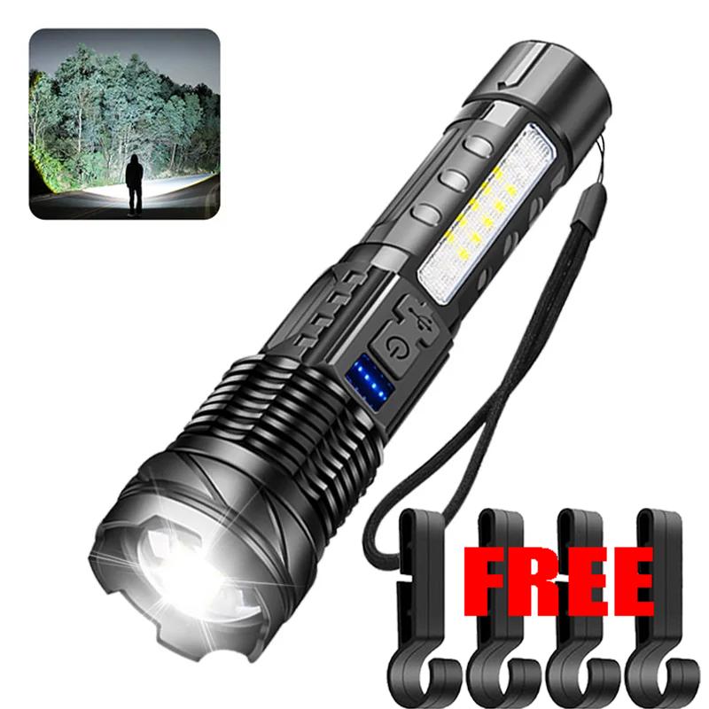 High Powerful LED Flashlight Rechargeable Waterproof Torch with Side Light 7 Modes Zoomable Lamp for Camping Fishing Lantern