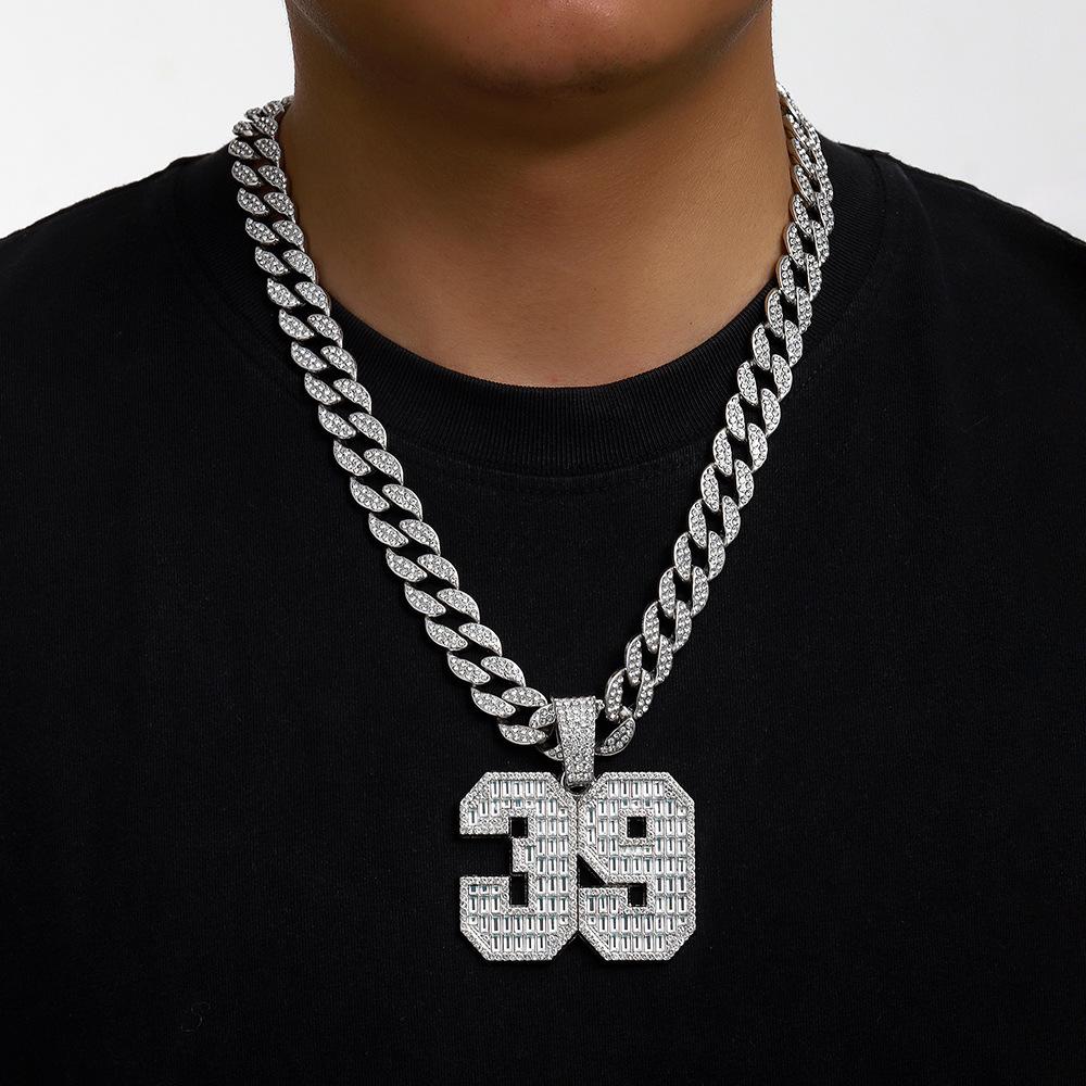 Hip Hop Necklace Flash Diamond Cuban Chain Exaggerated Number 39 Graphic Full Diamond Pendant Necklace
