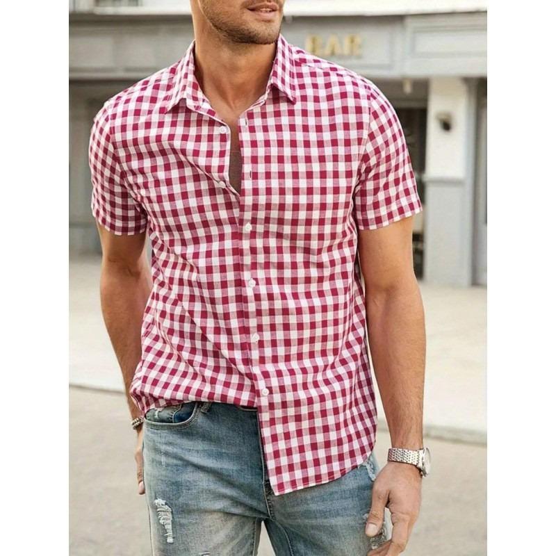 Heren Casual Omgeslagen Kraag Geruit Knopen Shirt