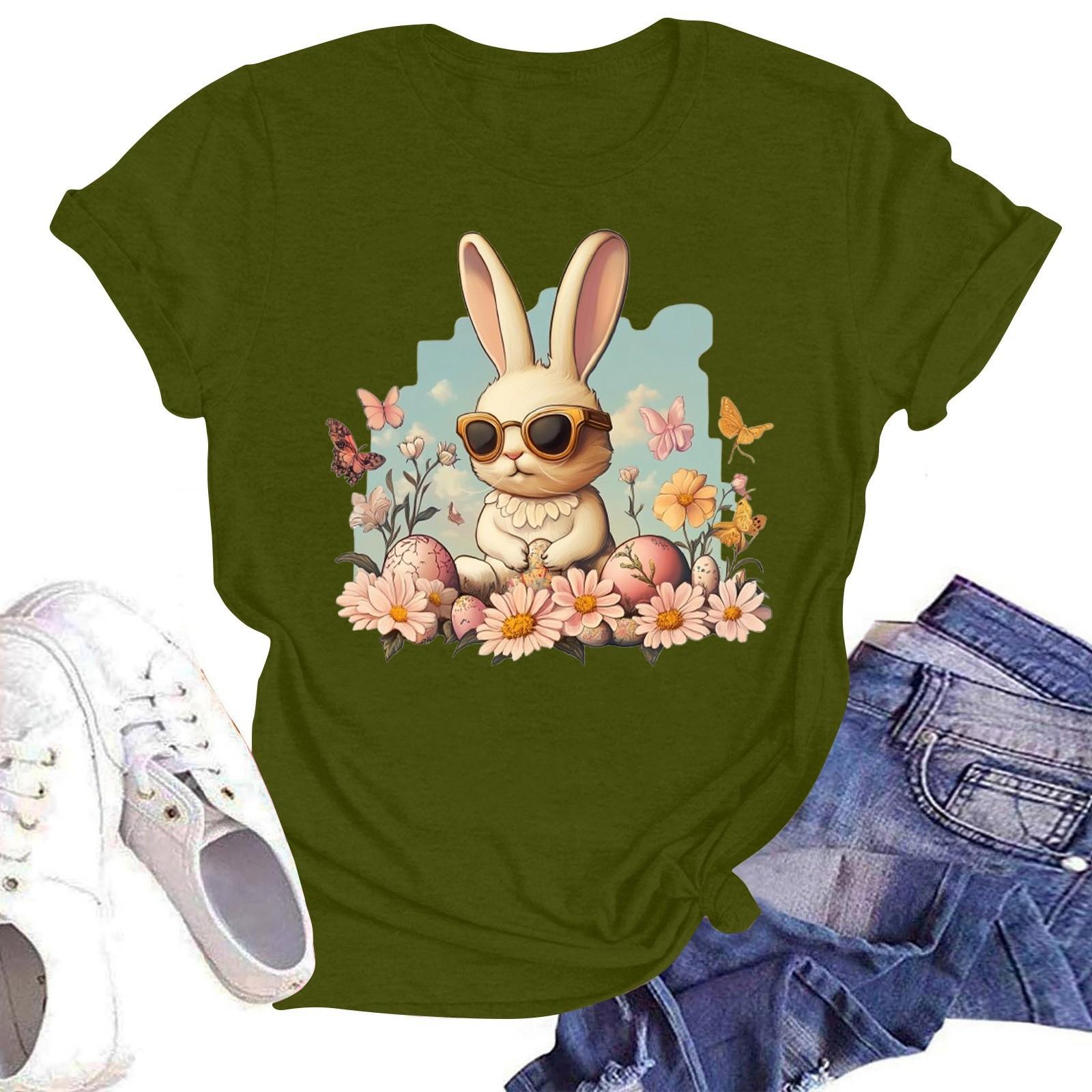 

Счастливой Пасхи женская мода принтованный круглый вырез короткий рукав футболка пуловер топ L армия зеленый