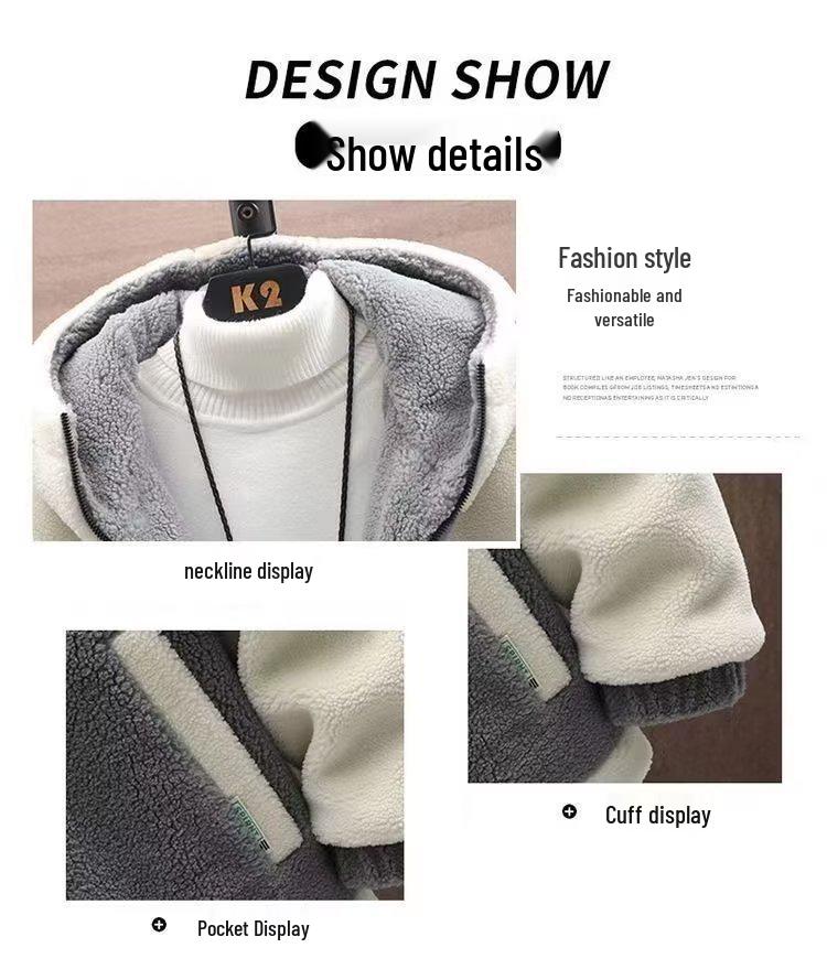 Men's Winter Lambswool Hooded Jacket - Thick, Warm, Trendy, Versatile, Embroidered Zipper Coat