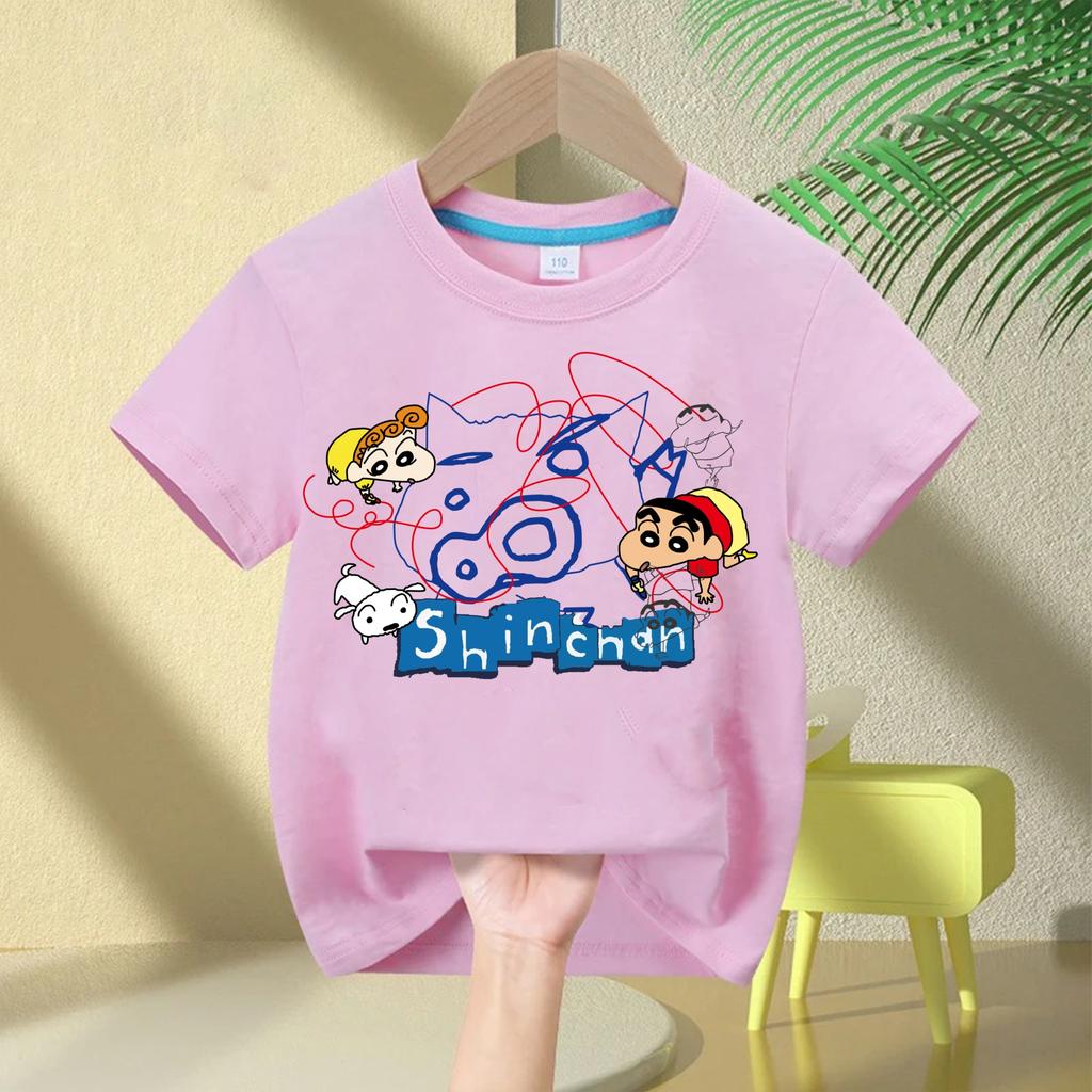 2026 New Summer Cotton Cartoon Crayon Shinchan Print TShirt Summer Fashion Casual Round Neck Cotton Childrens Top