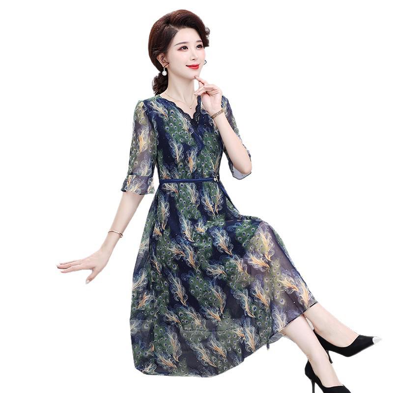 Elegant Chiffon Floral Print Summer Dress for Women 40+