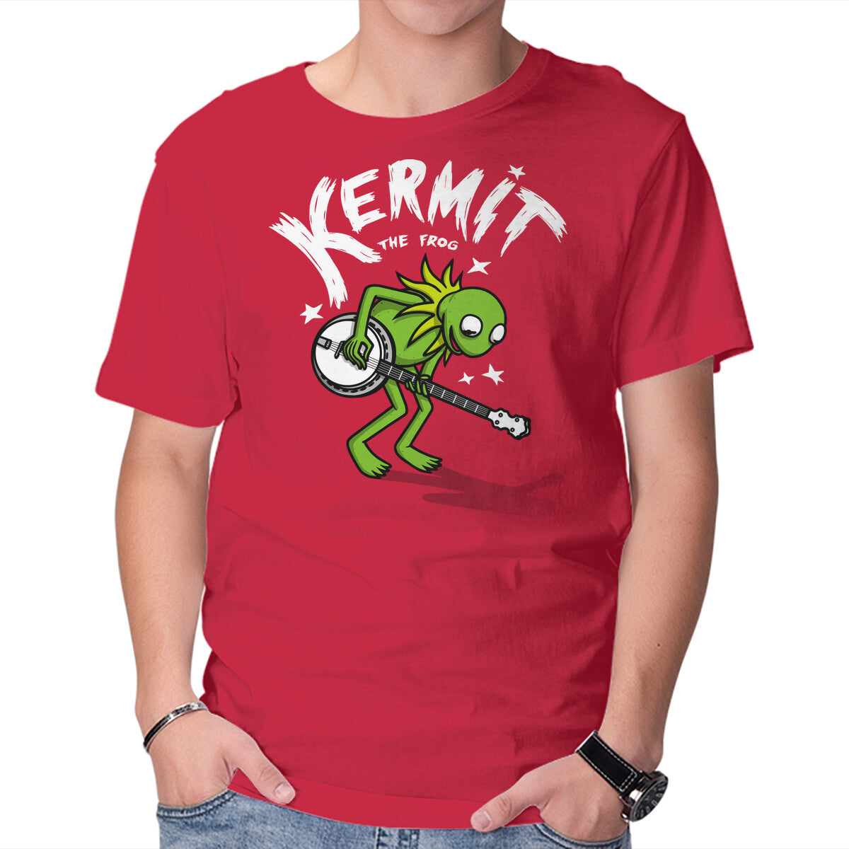 Unisex Crew Neck T-Shirt Banjoist Frog Graphic Short Sleeve Casual Tee L