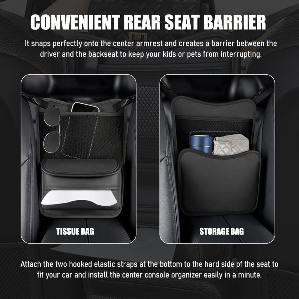 Car Organizer Storage Between Seats, Nappa Leather Front Seat Storage Bag with Tissue Holder, Automotive Console Hanging Net Pocket Handbag Holder