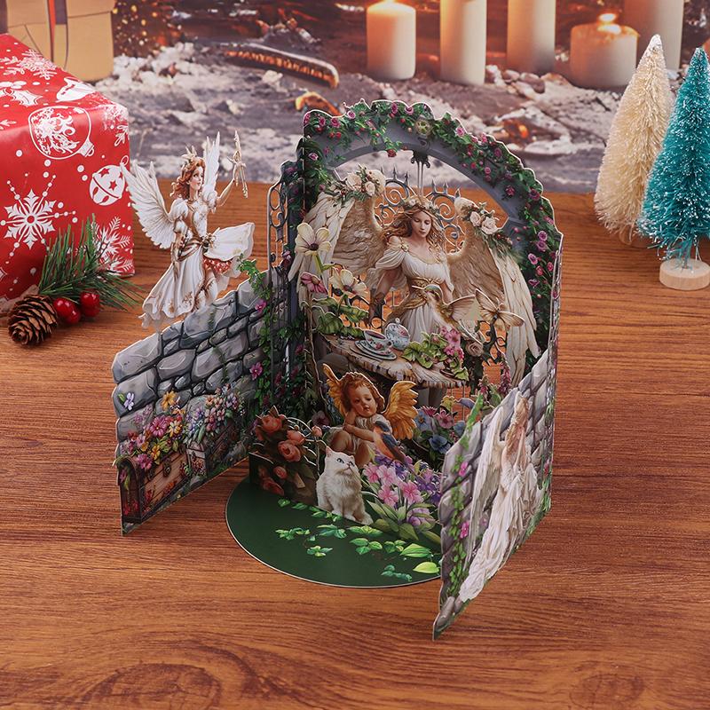 Retro Oljemålning Julängel Dubbeldörr Tre-dimensionellt Grattiskort, Vacker Ängel, Utsökta Stora Vingar, Jul