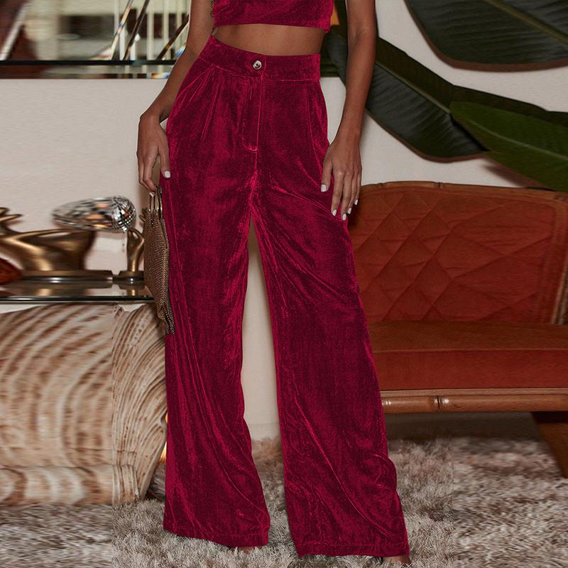 

Женские длинные струящиеся элегантные модные брюки с высокой талией больших размеров зимние бархатные широкие штанины XL красный