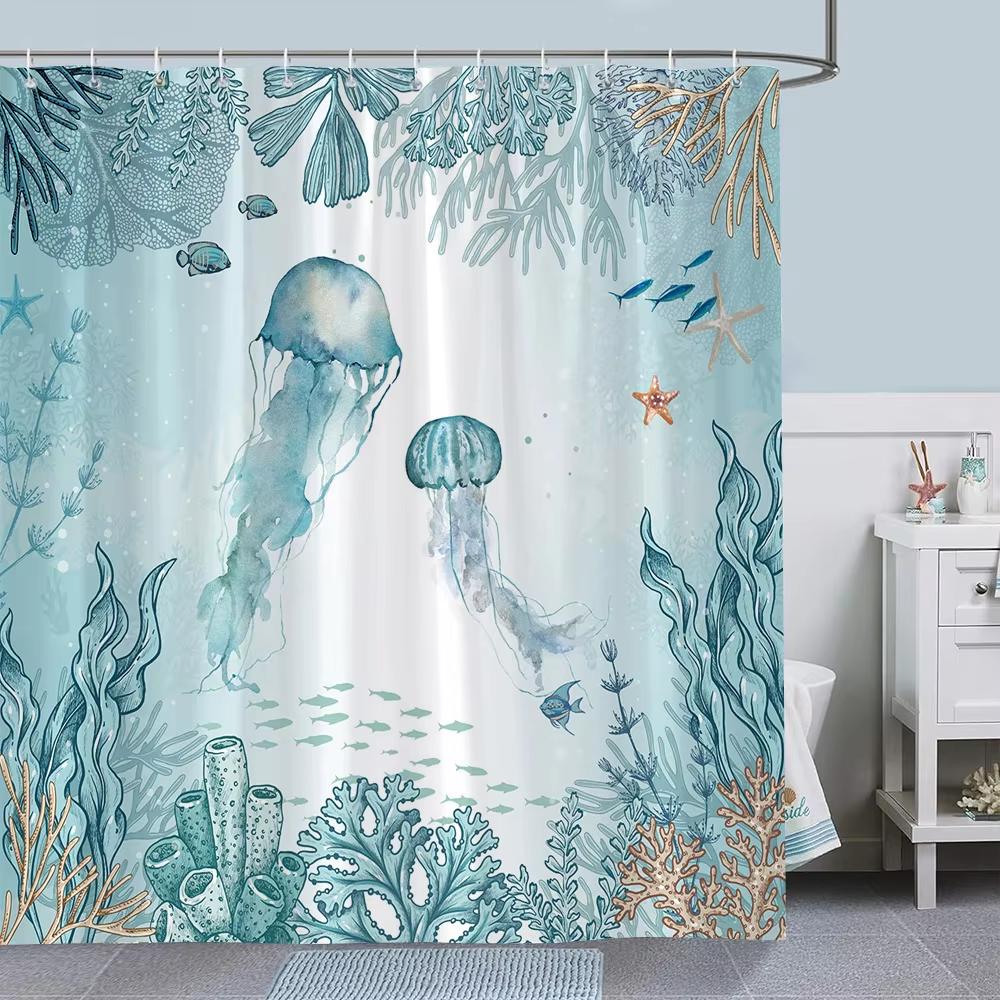 Oktopus Meeres Duschvorhänge Badevorhang 180*180cm Wasserdicht Badezimmer Heimdekoration Waschbarer Stoff Badezimmer Sichtschutz Mit 12 Haken