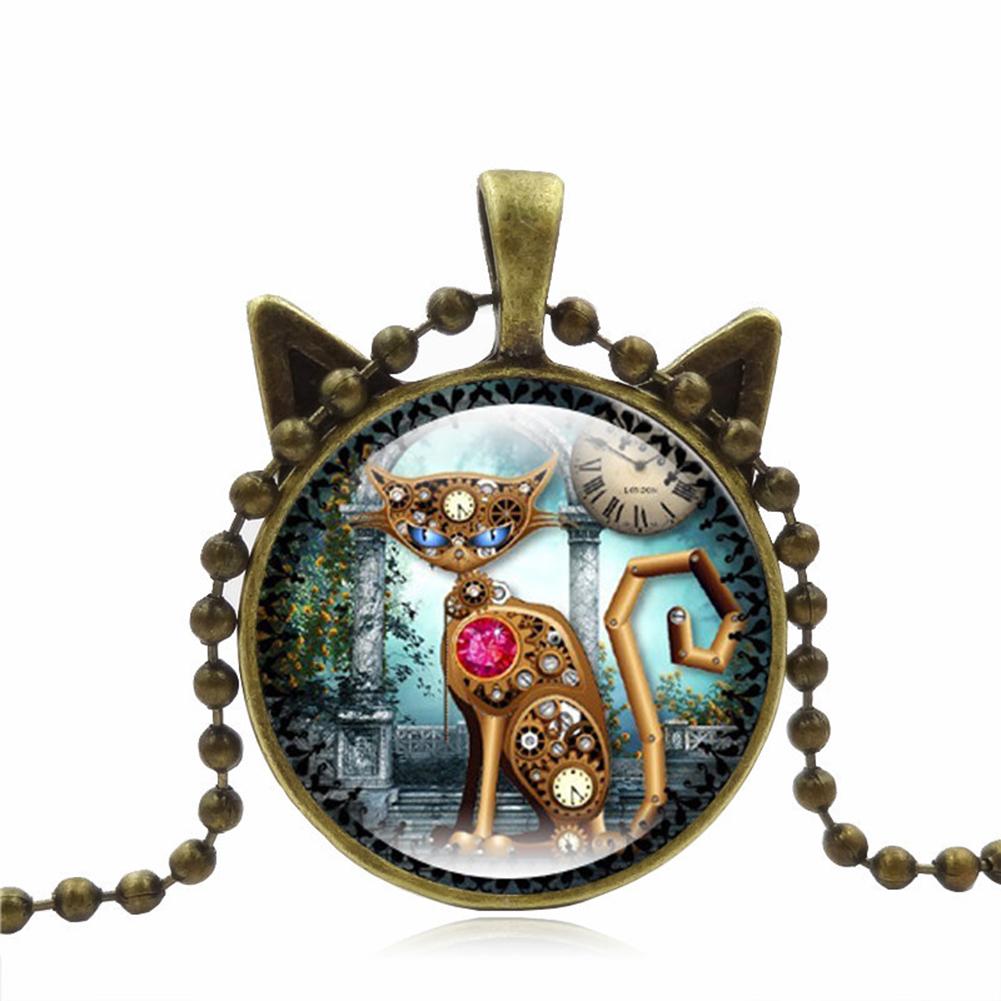 Fashion Retro Creative Round Necklace Cartoon Cat Clock Pendant Necklace